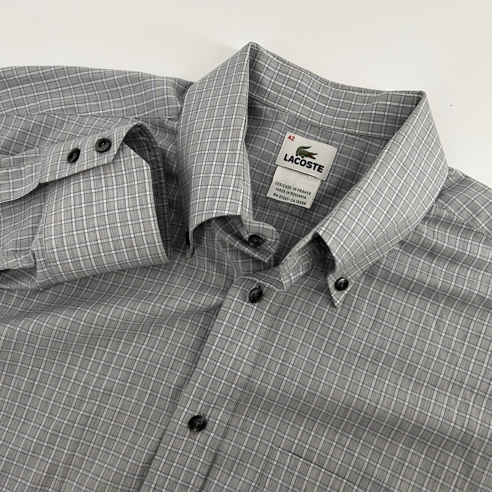 Lacoste Button Down Gray‎ Plaid Button Down Long Sleeve Mens 42 (Large ) Shirt
